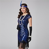 preiswerte 1920er Kleider-Set Goldene Zwanziger 1920er Knielang Kleid Flapper Kleid Outfits mit Zubehör Cap-Ärmel Der große Gatsby Hochzeitsgast Quastenfransen V Ausschnitt Rundausschnitt Kostüm Damen Karneval Maskerade