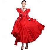 preiswerte Wettbewerbsbekleidung-Gesellschaftstanz Kleid Falten Spleißen Kristalle / Strasssteine Damen Leistung Training Langarm Hoch Spandex Netzstoff Kunst-Seide