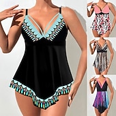 baratos Tankinis-Mulheres Roupa de Banho 2 partes Slip roupa de banho Frente Única Férias Roupa de Praia Floral Decote V Sem Manga Fatos de banho