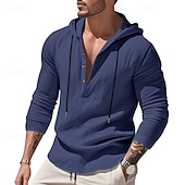 cheap Men's Popover Shirts-Men's Shirt Popover Shirt Summer Shirt Casual Shirt Beach Shirt Black White Yellow Navy Blue khaki Long Sleeve Solid Color Hooded Vacation Casual Drawstring Clothing Apparel Fashion Casual Comfortable