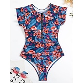 levne Jednodílné plavky-Dámské jedndílné plavky zeštíhlující zip přední palm monokini kontrola břicha vysoký pas slim dovolená plážové oblečení květinové listy kulatý výstřih krátké rukávy plavky