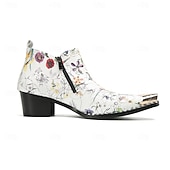 halpa Ensiluokkaiset nahkasaappaat-Miesten kukkakuvioiset aidosta nahasta valmistetut nilkkurit - eloisa kukkakuvio vetoketjulla, täydellinen muodikkaaseen arkeen ja jokapäiväiseen käyttöön