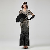 preiswerte 1920er Kleider-Set Goldene Zwanziger 1920er Knöchellänge Lange Länge Kleid Abendkleid Outfits mit Zubehör Illusionsärmel Kurze Ärmel Der große Gatsby Hochzeitsgast Pailletten Pailletten Halloween V Ausschnitt Kostüm