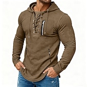 preiswerte Basic-T-Shirts-Herren T Shirt T-Shirt Langarmshirt Langarm Mit Kapuze Frühling &amp; Herbst Ganzjahres Einfarbig Mode Designer Basic Schnürung Reißverschlusstasche Urlaub Straße Lässig Dunkelgrau Schwarz Koffee Top