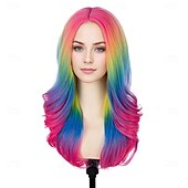 abordables Pelucas de carnaval-Peluca de carnaval 2026 Rosa Azul Verde Rizado Ondulado Larga Peluca sintética para festival Carnaval Desfile Cabello para disfraz de cosplay para Mujer