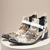 halpa Ensiluokkaiset nahkasaappaat-Miesten kukkakuvioiset valkoiset nahkaiset nilkkurit - muodikas solkiyksityiskohta rohkealla kukkakuviolla, täydellinen katutyyliin ja rennoille tilaisuuksille