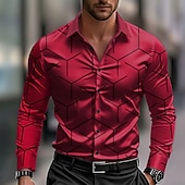 cheap Men's Satin Shirt-Men's Geometric Pattern Line Shirt Satin Shirt Dress Shirt Long Sleeve Business Casual Vacation Dailywear Summer Spring Fall Turndown 3D Print Button Up Shirts Blue White Pink Red Green