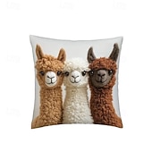  Vintage Style Alpaca Trio Pillow Covers with 2D Flat Print 18x18 Inches Cute Animal Design Decorative Cushion Covers for Living Room Bedroom Sofa Accents