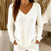 levne Pevné barvy-Dámské Svetr Rolák Módní Šik ven Na běžné nošení Pevná barva Do V Pletený Dlouhý rukáv Běžné topy Plést Denní Dovolená Jdeme ven Černá Bílá Podzim Zima
