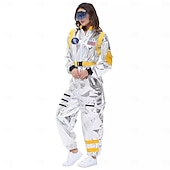  カップル用宇宙飛行士コスチューム ジャンプスーツ カーニバルコスチューム ワンジー マスク付き グループコスチューム 男性用 女性用 シルバー 宇宙服 刺繍パッチ付き