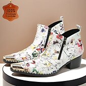 halpa Ensiluokkaiset nahkasaappaat-Miesten kukkakuvioiset aidosta nahasta valmistetut nilkkurit - eloisa kukkakuvio vetoketjulla, täydellinen muodikkaaseen arkeen ja jokapäiväiseen käyttöön