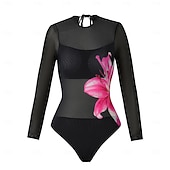 preiswerte Einteilige Badeanzüge-Damen Einteiler Badeanzug Schlankheits mit Rock Monokini Rock Netz Bauchkontrolle Hohe Taille Schlank Elegant Urlaub Floraler Rundhalsausschnitt Langarm Badeanzüge