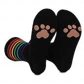 levne domácí ponožky-Ponožky do poloviny lýtek s duhovými pruhy a pohlcujícím pot, odolné proti zápachu a potiskem zvířecích tlapek, unisex, pohodlné bavlněné ponožky pro muže i ženy na běžné nošení