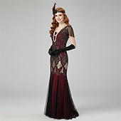 Χαμηλού Κόστους Φορέματα της δεκαετίας του 1920-Σετ Δροσμός 20ετών 1920 Μακρύ Φορέματα Τουαλέτα Σύνολα με αξεσουάρ Κοντά μανίκια Το Great Gatsby Καλεσμένος γάμου Πούλιες Λαιμόκοψη V Φανταχτερή Φόρεμα Γυναικεία