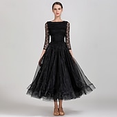 economico Sala da Ballo Standard-Abito da allenamento per ballo da sala da donna, elegante, nero, con maniche in pizzo, scollo a barca, valzer, tango, rumba moderna