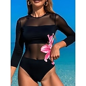 preiswerte Einteilige Badeanzüge-Damen Einteiler Badeanzug Schlankheits mit Rock Monokini Rock Netz Bauchkontrolle Hohe Taille Schlank Elegant Urlaub Floraler Rundhalsausschnitt Langarm Badeanzüge