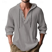cheap Men's Popover Shirts-Men's Shirt Popover Shirt Summer Shirt Casual Shirt Beach Shirt Black White Yellow Navy Blue khaki Long Sleeve Solid Color Hooded Vacation Casual Drawstring Clothing Apparel Fashion Casual Comfortable