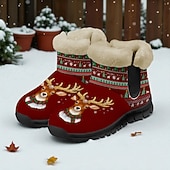 baratos Sapatos de Natal Femininos-Botas femininas natalinas quentinhas com forro de pele e estampa fofa de Papai Noel com gatinho – estilo aconchegante de inverno, sola leve antiderrapante, perfeitas para festas de fim de ano, passeios ao ar livre, uso casual e para presentear no Natal.