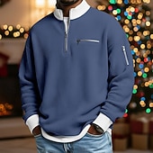 Недорогие Мужские повседневные футболки-Муж. Футболка с вафельным рисунком Футболка Длинный рукав Половина молния Осень Наступила зима Сплошной цвет Традиционный / винтаж На каждый день Цветовые блоки Карман на молнии