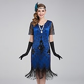 halpa 1920-luvun mekot-Setti Möly 20s 1920-luku Polvipituinen Mekko Asut Tarvikesarja lisävarusteiden kanssa Lyhyet hihat Suuri Gatsby Häävieras Paljetti Tupsu Paljetti Tupsu V kaula-aukko Naamiaispuku Naisten Karnevaali