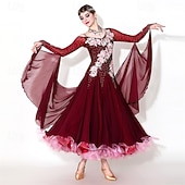 abordables Vêtements de Compétition-Women's Elegant Ballroom Dance Dress Rhinestone Floral Applique Waltz Tango Modern Rumba Competition Performance Gown Maroon