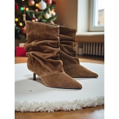 cheap Slouch Boots-Women's Brown Suede Slouchy Heeled Boots - Pointed Toe, Elegant Slouch Design for Casual and Evening Wear