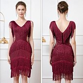 baratos Vestidos dos anos 1920-Roaring 20s 1920s Knee Length Flapper Dress Sleeveless The Great Gatsby Flapper Girl Sequins Fringe V Neck Fancy Dress Women's Christmas Carnival speakeasy Masquerade Retro Theme Party Adults Dress