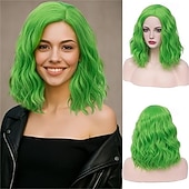  Zielone Peruki Syntetyczna Peruka Kręcona Bob Środkowy Przedziałek Krótka Miętowa Zielona Zielona Moda Zielono-Pomarańczowe Ombre