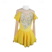 זול שמלות החלקה אמנותית-שמלה להחלקה אמנותית בגדי ריקוד נשים בנות החלקה על הקרח שמלות צהוב טלאים חור לאגודל רשת ספנדקס סטרצ'י (נמתח) הדרכה אימון מקצועי ביגוד להחלקה על הקרח שמור על חום הגוף קריסטלים / אבנים נוצצות שרוול ארוך