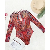 Χαμηλού Κόστους Rash Guards One Pieces-Γυναικεία Προστατευτικά Μαγιό Ολόσωμα μαγιό Γραφική Μπόχο Δίχτυ Προστασία UV Αναπνέει Μακρυμάνικο Μαγιό Σέρφινγκ Παραλία Διακοπές Άνοιξη