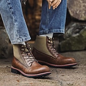 abordables Bottes de randonnée-Bottes de randonnée pour hommes en similicuir marron et toile - modèle à lacets résistant et confortable avec semelle robuste, idéales pour les activités de plein air, la randonnée et les excursions d&#039;une journée.