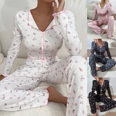 preiswerte Damen Schlafoberteile und -unterteile-Damen Schlafanzug Set Lässig Komfort Blumen Elastischer Bund Hose Heim Täglich Langarm V Ausschnitt Blau Schwarz Weiß Rosa Frühling Herbst Normale Passform