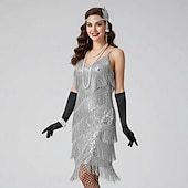 baratos Vestidos dos anos 1920-Conjunto Loucos anos 20 Anos 20 Mini Vestido melindroso Roupa Festa a Fantasia com acessórios Sem Mangas O Grande Gatsby Convidado do casamento Franjas Côr Sólida Franjas Decote V Fantasia Mulheres