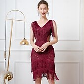 baratos Vestidos dos anos 1920-Roaring 20s 1920s Knee Length Flapper Dress Sleeveless The Great Gatsby Flapper Girl Sequins Fringe V Neck Fancy Dress Women's Christmas Carnival speakeasy Masquerade Retro Theme Party Adults Dress