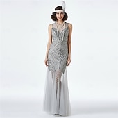 ieftine Rochii din anii 1920-Set Urlați 20 de ani Anii 1920 Lungime Gleznă Lung Rochie de seara Rochie de Cocktail Bandană Adolescentă cu accesorii Fără mâneci Gatsby Invitat la nuntă Paiete Paiete Rotund Scoateți gâtul Costume