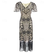 baratos Vestidos dos anos 1920-Loucos anos 20 Anos 20 Meio-dia Vestido melindroso Mangas curtas O Grande Gatsby Menina melindrosa Paetês Franja Tubinho Decote V Fantasia Mulheres Natal Carnaval bar clandestino Mascarilha Festa