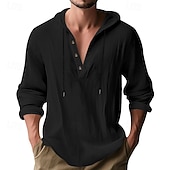 cheap Men's Popover Shirts-Men's Shirt Popover Shirt Summer Shirt Casual Shirt Beach Shirt Black White Yellow Navy Blue khaki Long Sleeve Solid Color Hooded Vacation Casual Drawstring Clothing Apparel Fashion Casual Comfortable
