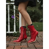  Women's Red Victorian Edwardian Lace-Up Ankle Boots with Kitten Heel and Brogue Detailing - 1920s Retro Steampunk Style Dress Boots for Ladies, Perfect for Parties, Cosplay & Historical Outfit