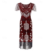 baratos Vestidos dos anos 1920-Loucos anos 20 Anos 20 Meio-dia Vestido melindroso Mangas curtas O Grande Gatsby Menina melindrosa Paetês Franja Tubinho Decote V Fantasia Mulheres Natal Carnaval bar clandestino Mascarilha Festa