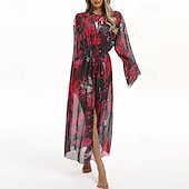 levne Rash guardy One Piece-Dámské Plážové zahalovací šaty Dlouhé splývavé kimono kardigany Grafika Cikánský Krátká noha Šifón Ochrana proti UV záření Prodyšné Dlouhý rukáv Plavky Surfování Plážové prázdniny Léto
