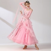 economico Abbigliamento da Competizione-abito da ballo da sala da donna elegante rosa con paillettes e decorazioni floreali, spalle scoperte, abito da competizione per valzer, tango, rumba moderna