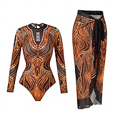 abordables Maillots de bain une pièce-Maillot de bain femme une pièce amincissant avec jupe boho monokini jupe contrôle du ventre taille haute slim sans dos vêtements de plage de vacances graphique colorblock col rond manches longues