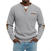 billiga Casual Henley T-shirt-Herr Våffeltröja Waffle Henley Shirt Herrskjortor med armbågslappar Långärmad V-hals Henley Höst vinter Vår &amp; Höst Ensfärgat Mode Grundläggande Ledigt falska två stycken Ledigt Gata Sport Grå Topp