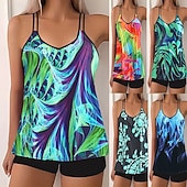 cheap Tankinis-Women's Swimwear 2 Piece Shorts Swimsuit Backless Vacation Beach Wear Graphic Color Block V Neck Sleeveless Bathing Suits