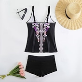 Недорогие Танкини-Жен. Купальники 2 шт. Шорты купальник Открытая спина Отпуск Одежда для пляжа Цветочный принт Графика V-образный вырез Без рукавов Купальники