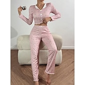 preiswerte Damen Schlafoberteile und -unterteile-Damen Schlafanzug Set Lässig Komfort Blumen Elastischer Bund Hose Heim Täglich Langarm V Ausschnitt Blau Schwarz Weiß Rosa Frühling Herbst Normale Passform