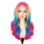 abordables Pelucas de carnaval-Peluca de carnaval 2026 Rosa Azul Verde Rizado Ondulado Larga Peluca sintética para festival Carnaval Desfile Cabello para disfraz de cosplay para Mujer