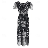baratos Vestidos dos anos 1920-Loucos anos 20 Anos 20 Meio-dia Vestido melindroso Mangas curtas O Grande Gatsby Menina melindrosa Paetês Franja Tubinho Decote V Fantasia Mulheres Natal Carnaval bar clandestino Mascarilha Festa