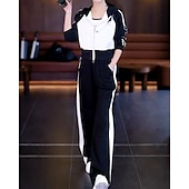 رخيصةأون بدلات رياضية-نسائي سويت شيرت بسحاب بنطلون واسع الساق بدلة رياضية من قطعتين رباط ألوان متناوبة أطقم ملابس رياضية الخريف أسود أبيض المشي لمسافات طويلة مهنة ركض كم طويل رياضة ألبسة رياضية مرن نسبياً عادي