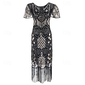 baratos Vestidos dos anos 1920-Loucos anos 20 Anos 20 Meio-dia Vestido melindroso Mangas curtas O Grande Gatsby Menina melindrosa Paetês Franja Tubinho Decote V Fantasia Mulheres Natal Carnaval bar clandestino Mascarilha Festa